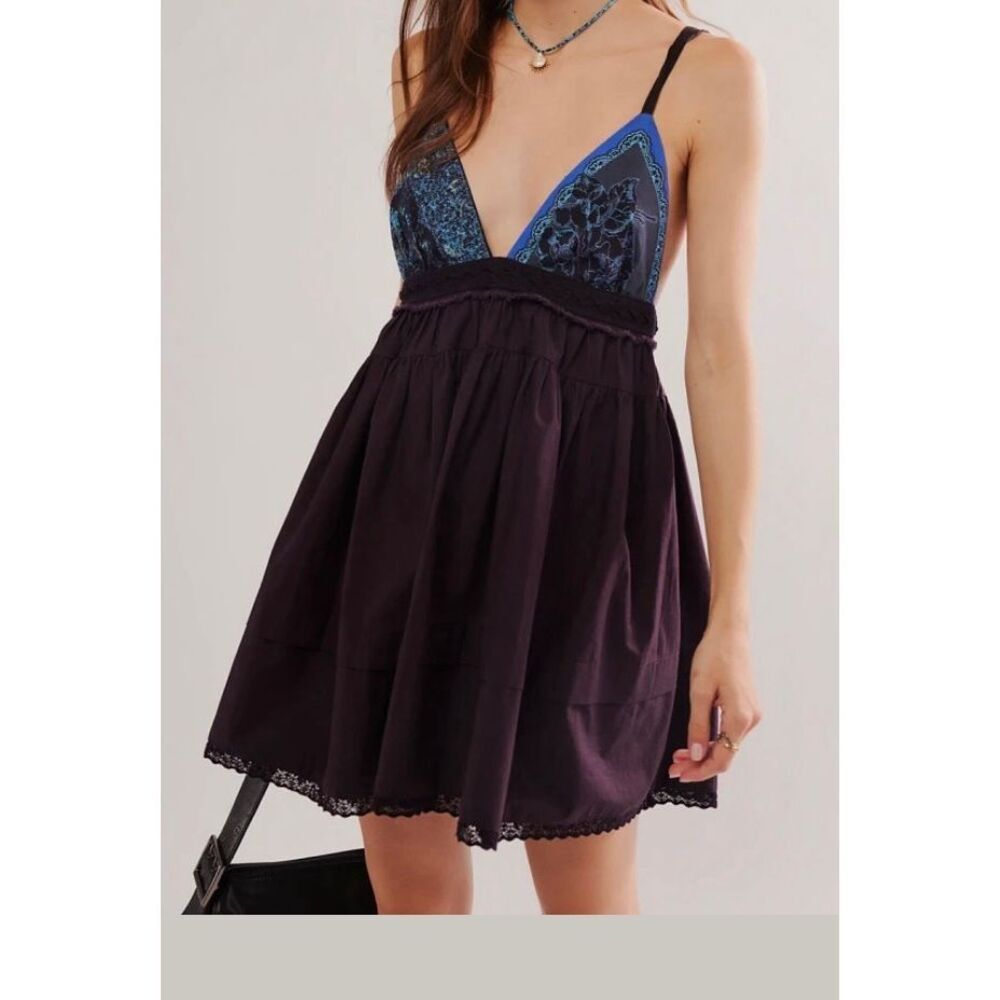 Free People Cup of Love Womens Small Babydoll Mini Dress Purple Blue V Neck NWT